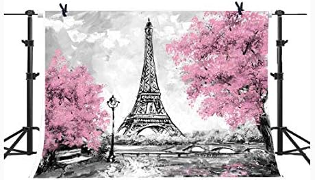 Арт Студио Снимки Декори Айфеловата Кула Сватба Парти Снимка на Фона на Розови Цветя, Дървета Сив Париж Подпори За фото студио Банер Винил 7x5ft