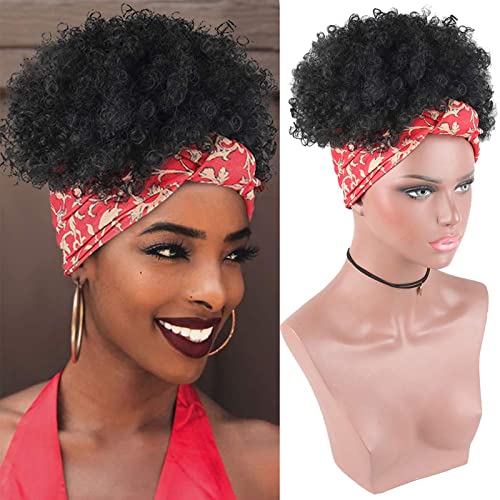 Перуки с превръзка на главата DL Y за черни жени, Синтетичен Кратък Извратени афро-перука Kinkys със Сребърен превръзка на главата, Естествена
