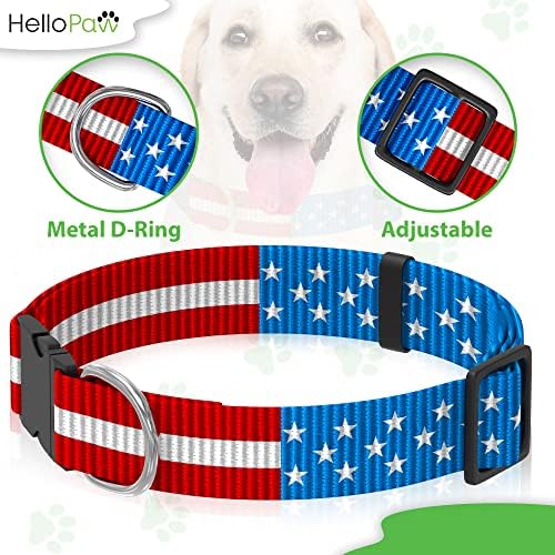 HelloPaw - Нашийник за кучета с флага на сащ - Висококачествен и здрав найлонов нашийник за кучета с метални D-образен пръстен - Ярки цветове и патриотичен дизайн - Регули