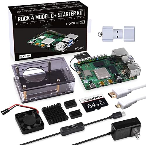 Стартов комплект GeeekPi Rock Pi 4C + - Rock Pi 4C Plus с 4 GB за 64-битова памет и слот eMMC, корпус Rock 4C + с вентилатор 4010, захранване Rock 4C + с мощност 18 W 5 3,6 А с превключвател за включване /