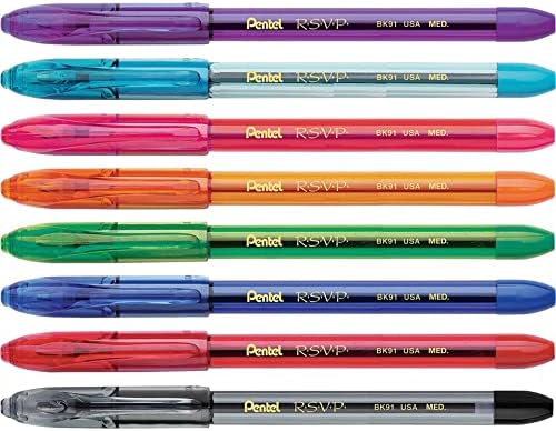 Химикалки Pentel® R. S. V. P.®, със Средна заострением, 1,0 мм, Прозрачно тяло, Различни цветове мастило, Опаковка от 8 броя