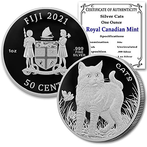 Монета Сребърни котки Фиджи от 2021 година, 1 унция, Брилянт, без лечение (в капсули) със сертификат за автентичност 50c BU