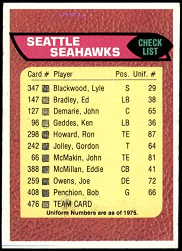 1976 Topps 476 списък на екипа Seahawks Seattle Seahawks (Футболна карта) ПАНАИР Seahawks