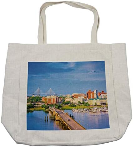 Пазарска чанта Ambesonne Чарлстън, Пролетен пейзаж на Южна Каролина, моста на река Ашли, Утринна сцена, Дългогодишна Множество чанта