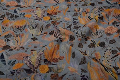 The Design Cart Светло Сив Памучен Коприна тъкани Chanderi с принтом оранжеви цветя за декоративно-приложни изкуства, занаяти, шевни