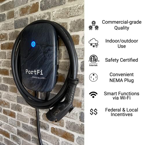 Зарядно устройство PortFi Charging Lite Smart Level 2 за електрически автомобили (EV) - Удостоверение за сигурност, За стая / улица,