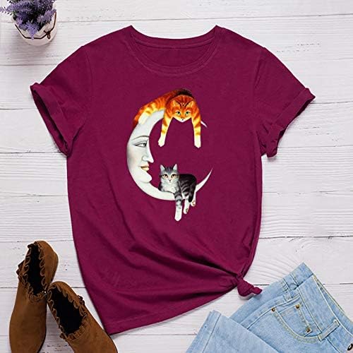 Забавни Реколта Ризи за Жени, Сладък Котки Седи На Луната, Графика на Тениска Свободно, Намаляване, Летни Блузи С Къс Ръкав И Кръгло