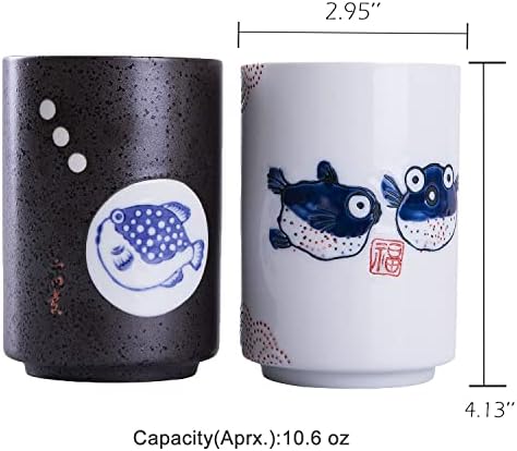 WHJY 10 грама Преходни керамични чаши чай китайски /японски стил без дръжки, комплект от 2 чаени чаши с шарките на фугу