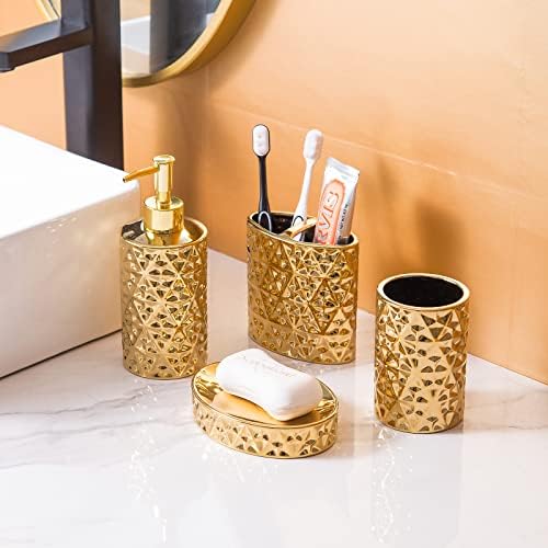 Златни Комплекти, аксесоари за баня, Подаръчен керамичен комплект от 4 стоки от Първа необходимост за апартамент, включва Опаковка сапун,