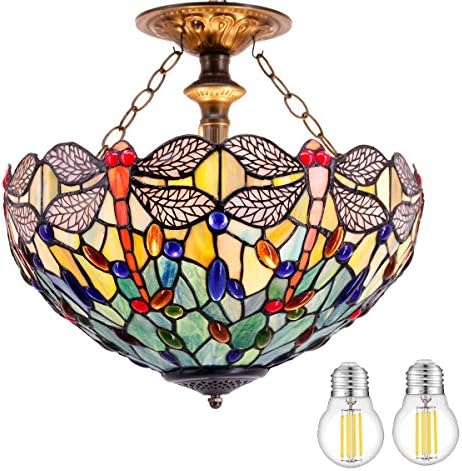 Тавана лампа WERFACTORY Тифани Синьо и Жълто Витражный Лампа Dragonfly с подово монтиране Ширина 16 см и Височина 15 см Тавана лампа