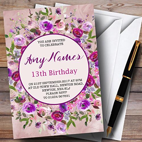 Розово и Лилаво Акварелни Цветни 13-те Персонални Покани на парти по случай рождения Ден