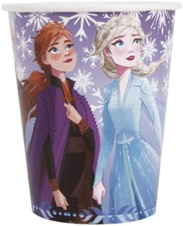 Уникален набор от празнични аксесоари Frozen Elsa Anna в 16 персони включва Десертни чинии, Салфетки, Чаши, Капак за маса, Стикери