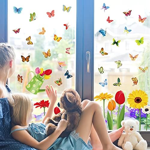 Пролетни Украси За закрепване на прозорци - 9 Листа Подвижна Цвете, Пеперуда Лейка Стикери Стикери за Дома Пролетта Украса на Прозорци