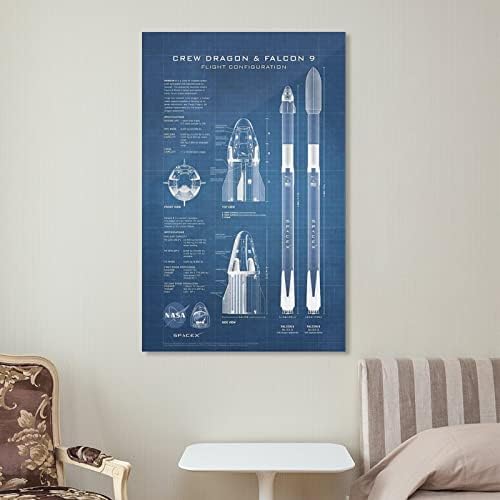 Лош космически кораб Spacex Crew Dragon Falcon 9 Rocket Blueprint (3) Стенен Арт Принт на Платно Плакат Декоративна Живопис Съвременно