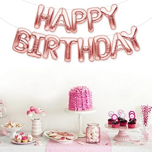 PartyForever Розово Злато, Балони честит Рожден Ден, 16-инчов Банер с Букви, Украса за Парти, по повод рождения Ден и Аксесоари за Момичета