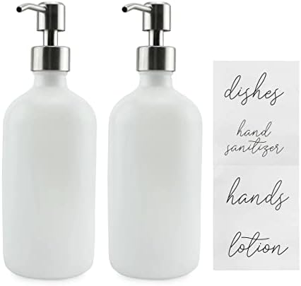 Дозатори за сапун от бяло стъкло Darware на 16 унции (2 опаковки); Бели бутилки-помпа с помпами и етикети от неръждаема стомана; Шише-помпа