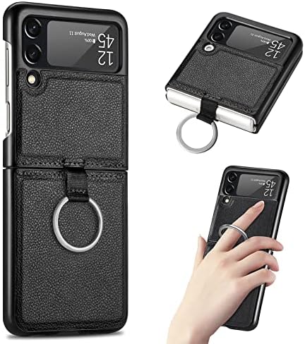 Кожен калъф за мобилен телефон Daole за Samsung Galaxy Z Flip 3, Черен, Прост Модерен Калъф от Изкуствена кожа с текстура Личи за Samsung