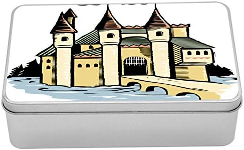 Лидице Скоростна Ambesonne Castle, Илюстрация на Историческата крепост Fantasy Land, Преносим Правоъгълна Метална Кутия-Органайзер с