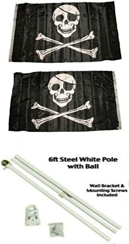Пиратски флаг AES с Нашивкой от Полиестер 3x5 инча, 2-Слойный Двупосочен Флаг с 6-инчов Бял Флагштоком и Шариковым Езда