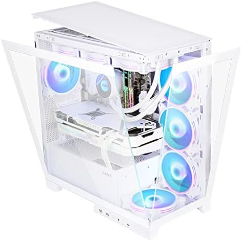 Бял корпус компютър ATX PC с панорамна закалено стъкло 270 ° / Подвижна стойка /Укрепване на задния панел е с водно охлаждане 360 / Интерфейс