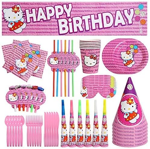 Комплект украси за партита YAWEI Hello Kitty за рожден Ден за до 6 гости включва Банер, на Корицата на масата, 9-инчов чинии, Чаши, Салфетки,