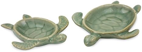 Керамични чаши NOVICA Aqua Thai Turtles (Чифт) цвят на морска вълна