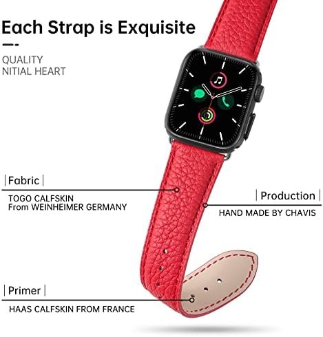Немски кожена каишка за часовник CHAVIS – Каишка от естествена кожа, съвместим с Apple Watch серия 8, 7, 6, SE, 5, 4 – Регулируема скоба–пеперуда