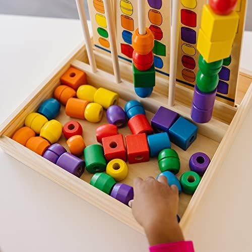 Комплект за подреждане на мъниста Melissa & Doug С 46 дървени мъниста и 5 двустранна дъски за рисуване, Играчки за разпознаване на цветове, комплект за изписване на цифри, и